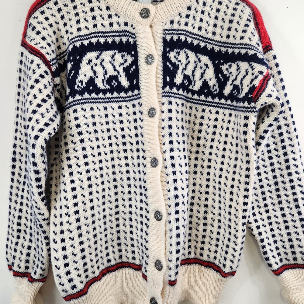 L.L. Bean Ivory, Navy & Red Elk Motif Wool Cardigan - Picture 3 of 11